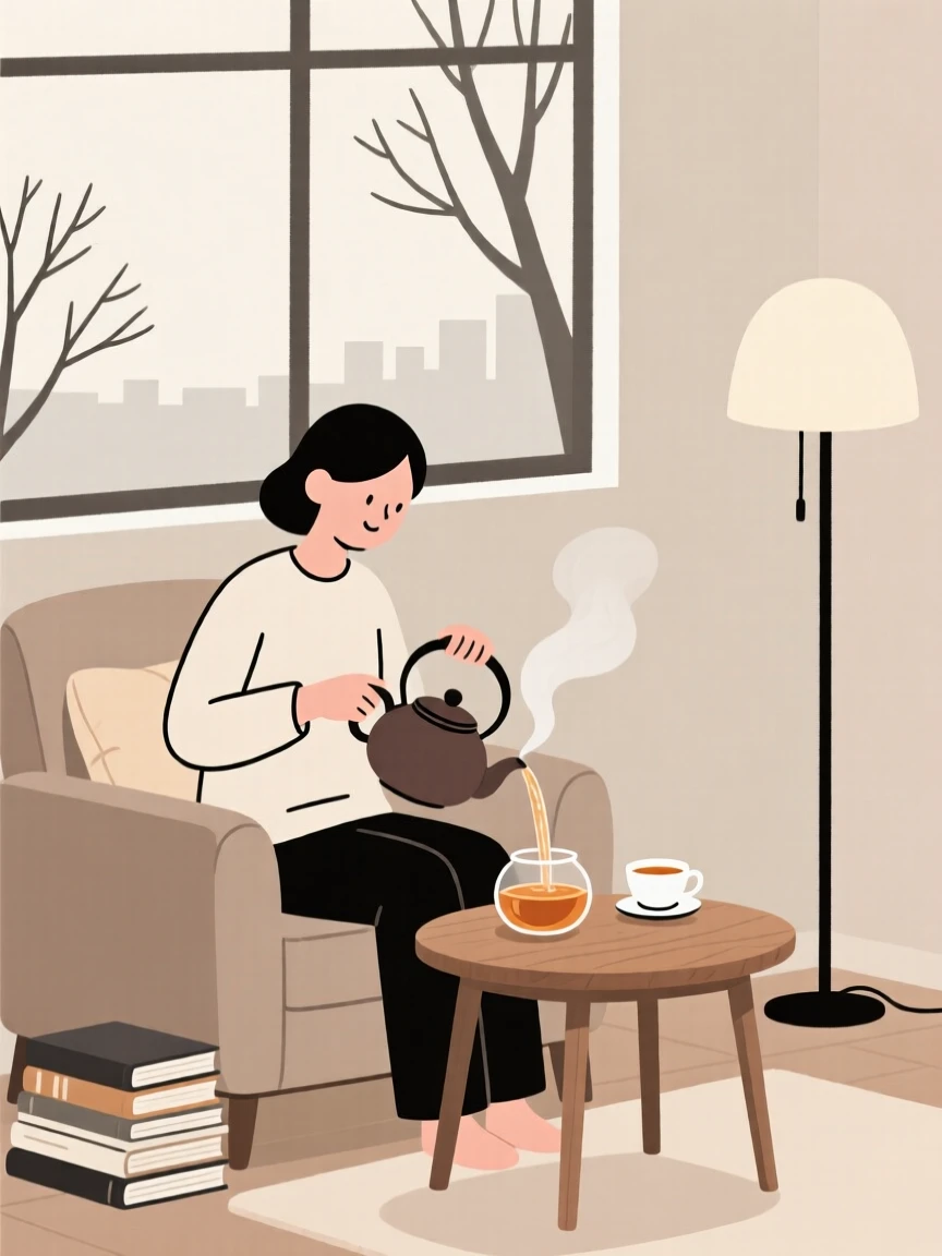 A person brewing a pot of tea in a cozy reading nook.