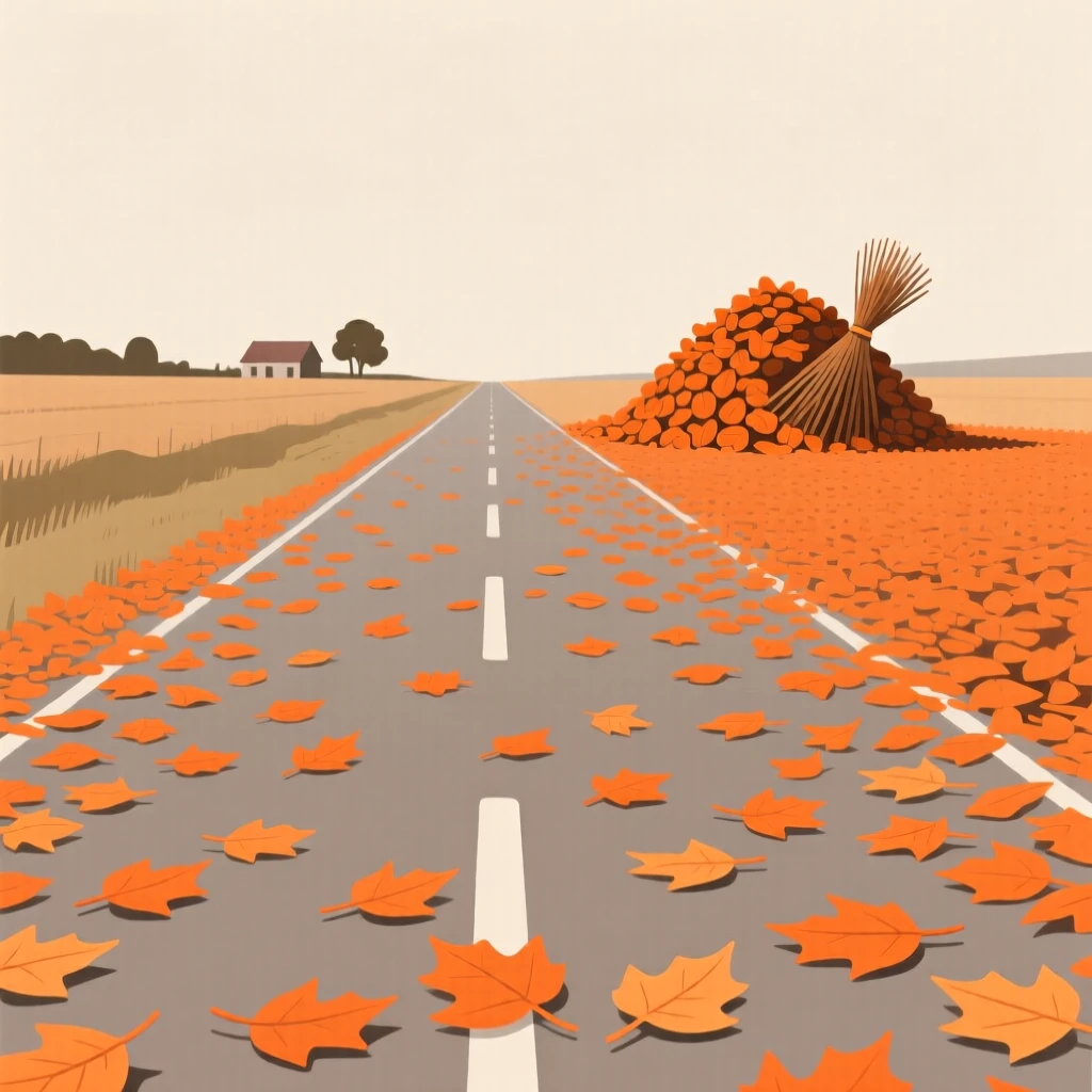A carpet of fallen orange leaves covering a quiet countryside road as a pile of raked leaves appears in the distance, full of crisp freshness.