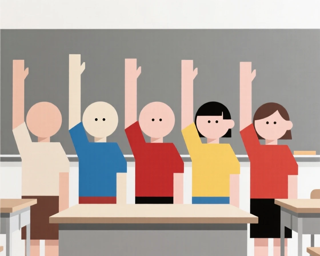 A group of children raising their hands in class