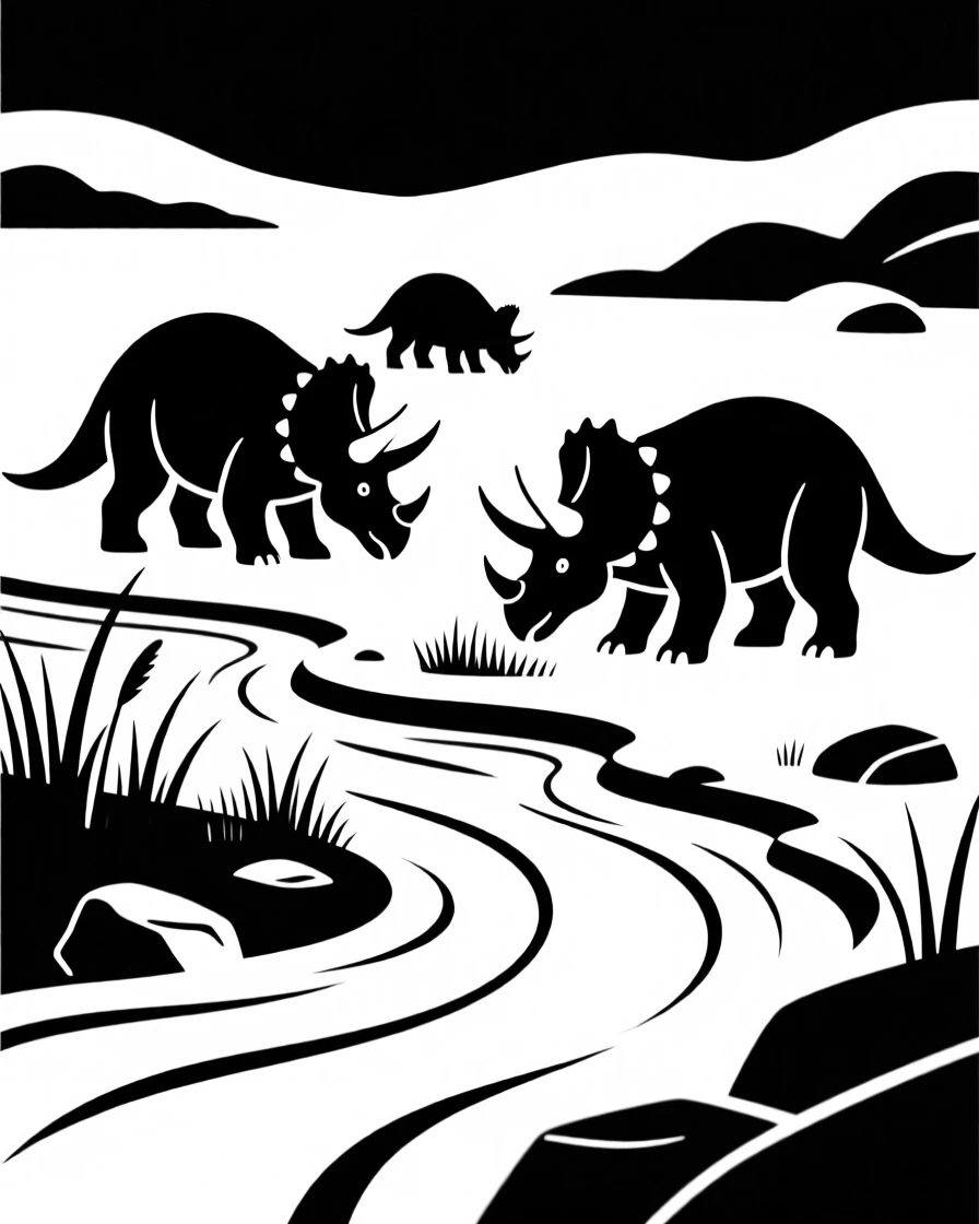 A herd of Triceratops grazing near a river.