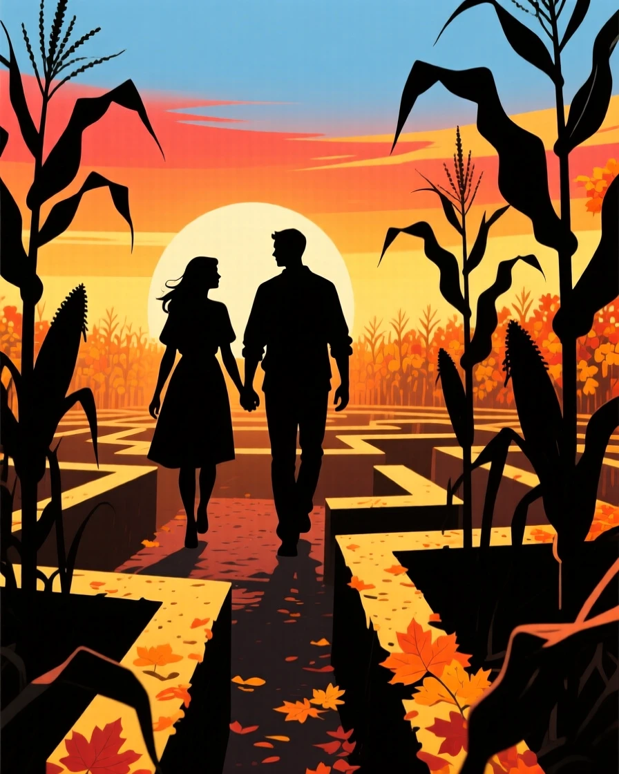 A couple walking through a corn maze on a crisp fall afternoon.