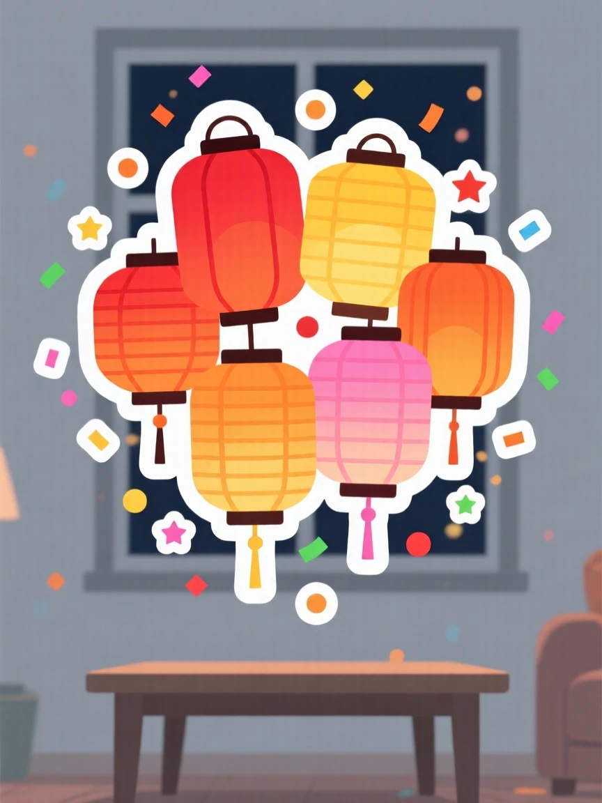 A brightly colored paper lanterns for a Mid-Autumn Festival celebration, surrounded by falling confetti, on a cozy holiday evening at home.