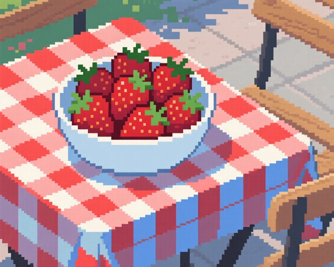 A bowl of fresh strawberries arranged neatly on a checkered tablecloth, at an outdoor café table.