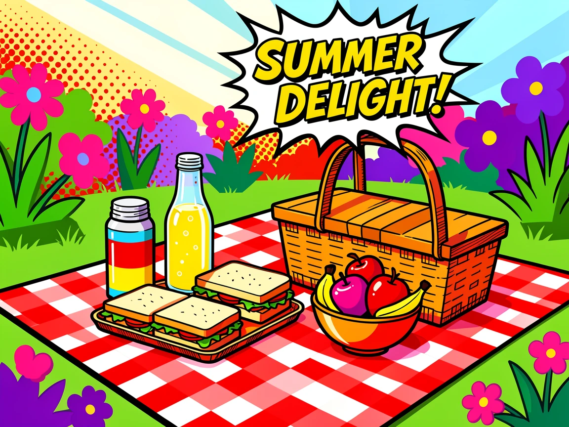 A picnic spread on a checkered blanket in a blooming garden