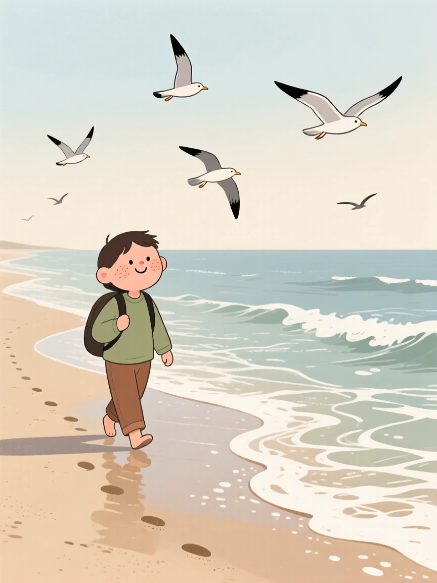 Waves roll gently onto a quiet sandy beach where a lone traveler walk along the shoreline, leaving footprints in the wet sand as gulls glide overhead.