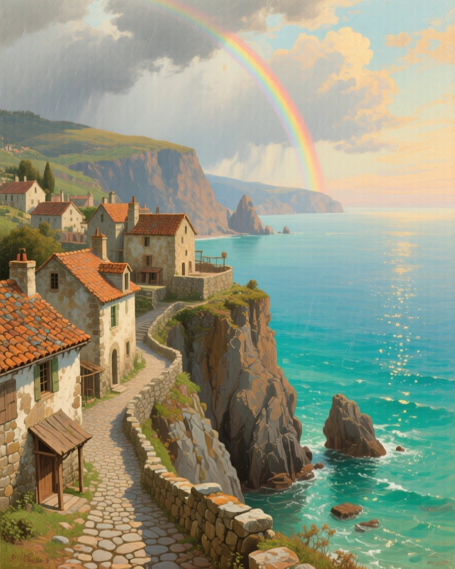 A high overhead view of a cliffside village overlooking a sparkling turquoise sea, under a rainbow after a storm, in the 18th century.