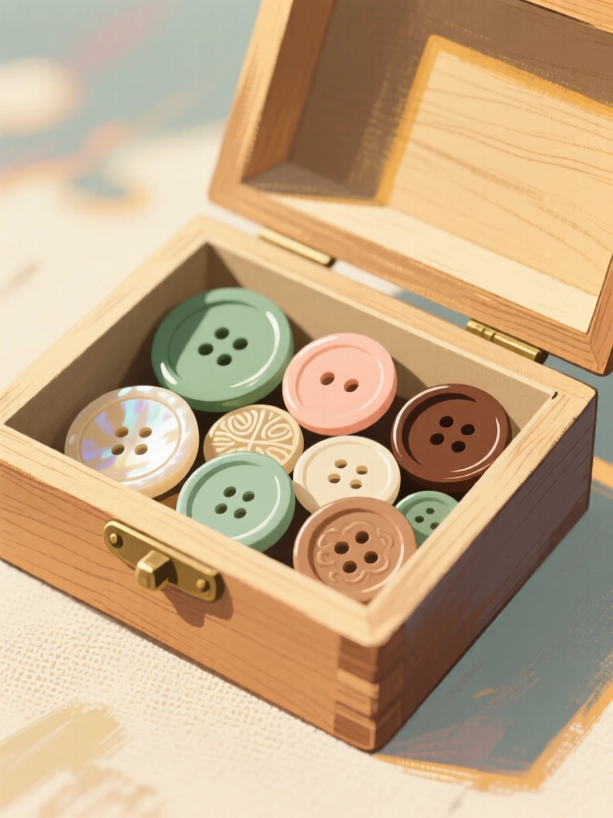 A collection of antique buttons sorted in a small wooden box