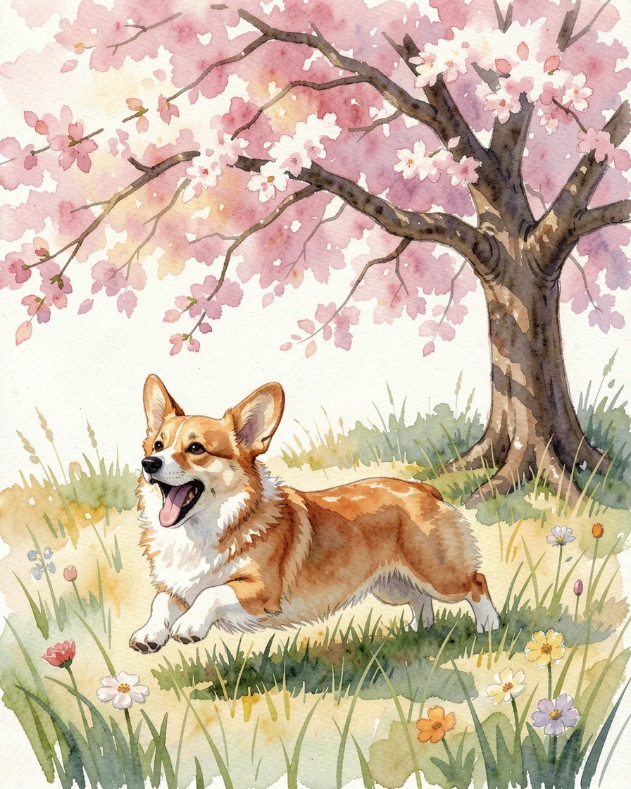 A corgi running through a meadow under a blooming cherry tree mid-yawn and stretching.