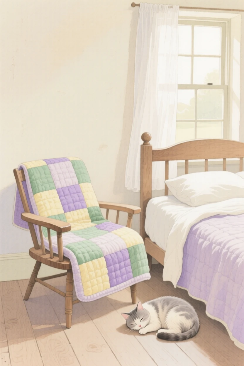 A charming view of a countryside bedroom, with a cat curled asleep nearby, featuring a quilt folded over the arm of a chair