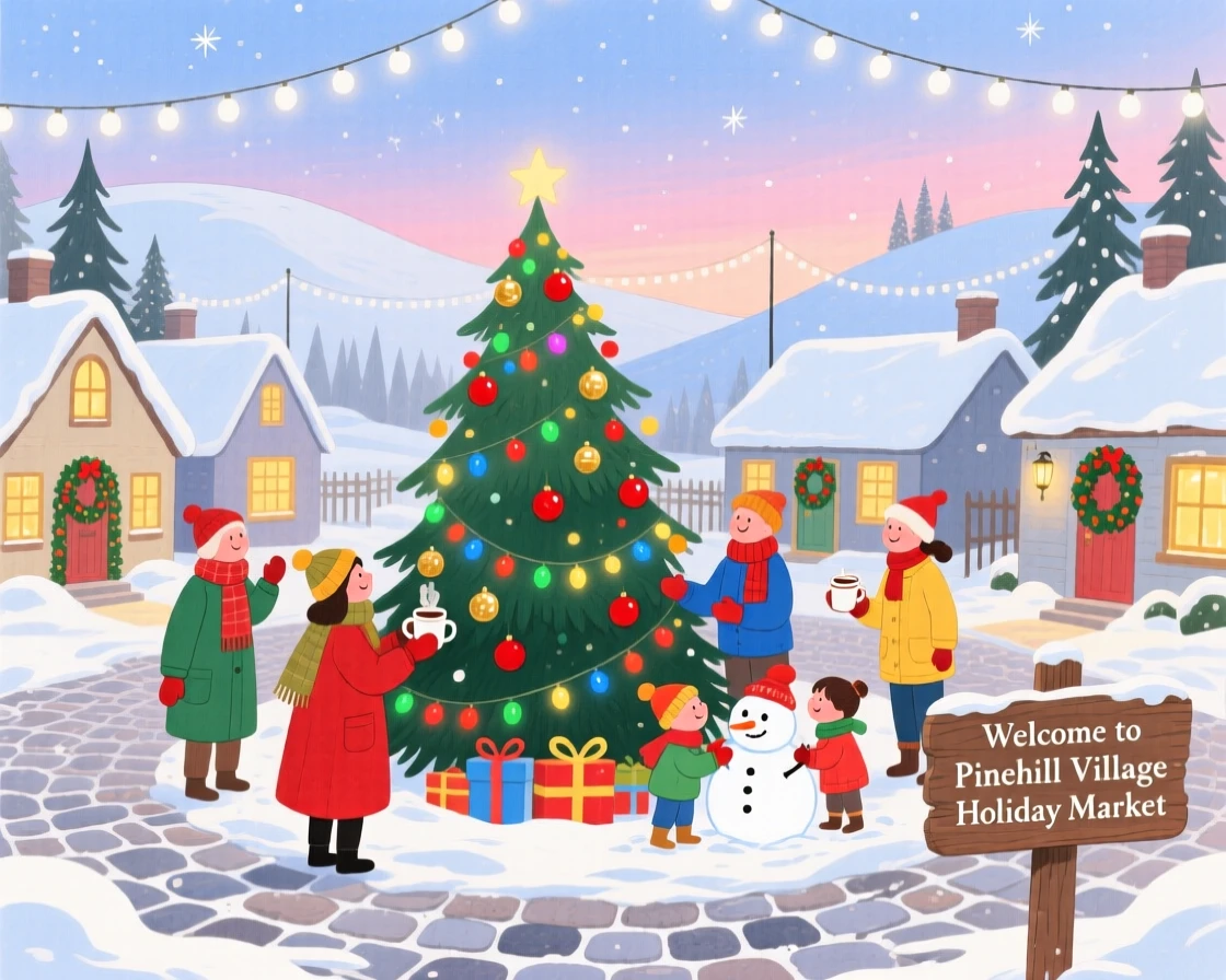 A heartwarming holiday moment: a snowy village square decorated with twinkling holiday lights.