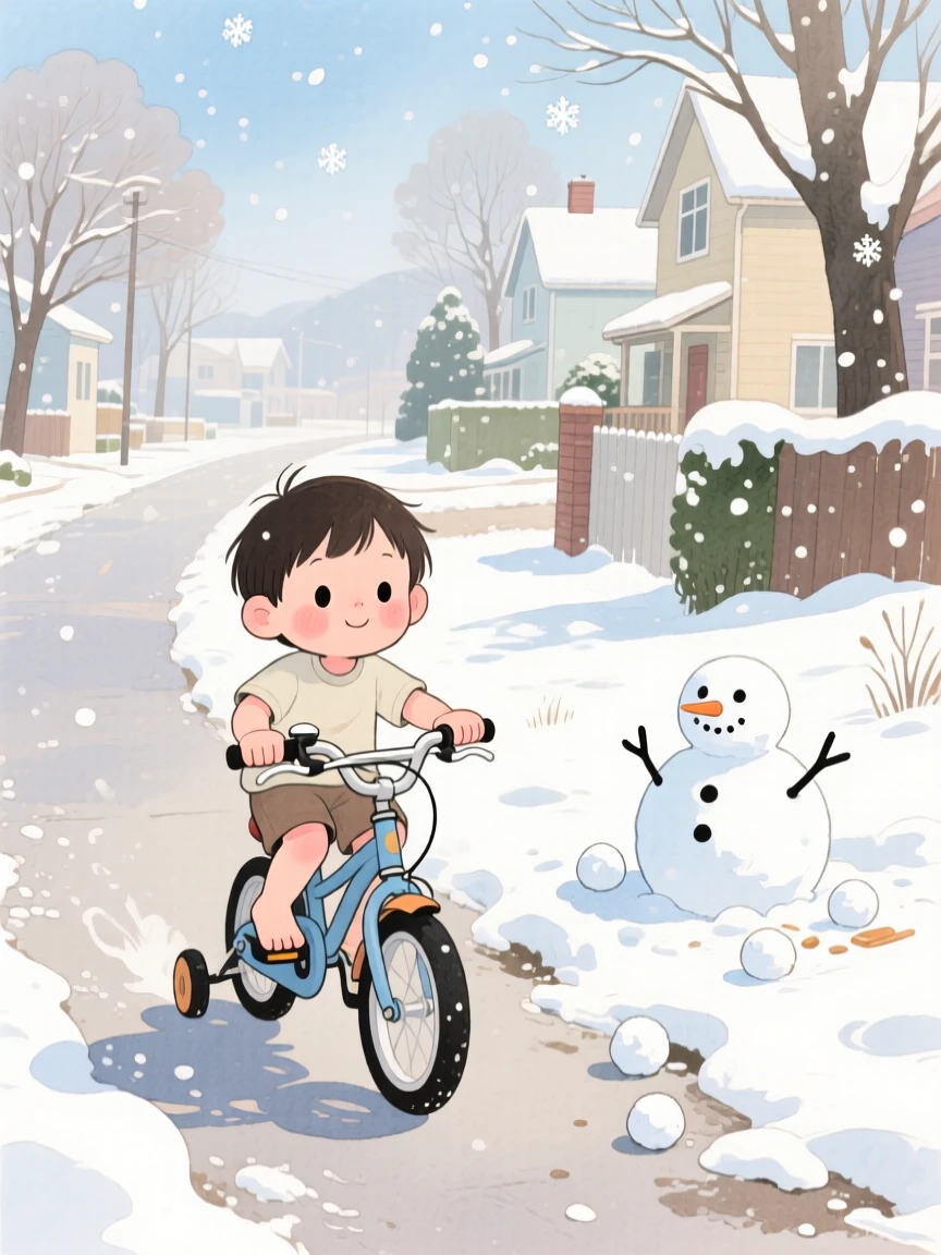 A barefoot child riding a bicycle with training wheels down a quiet lane, in a snow-covered front yard with a half-built snowman, radiating sweetness and gentle curiosity.