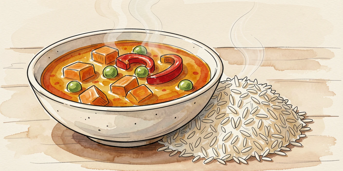 A bowl of vibrant curry served with steaming basmati rice, the aroma almost palpable in the soft afternoon light.