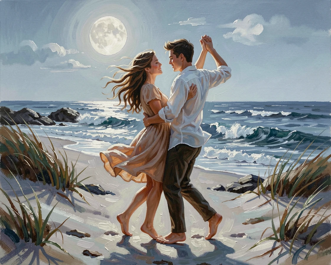 A young couple dancing barefoot on a beach, along a windswept coastal path, wind catching loose strands of hair, under the gentle light of a full moon.