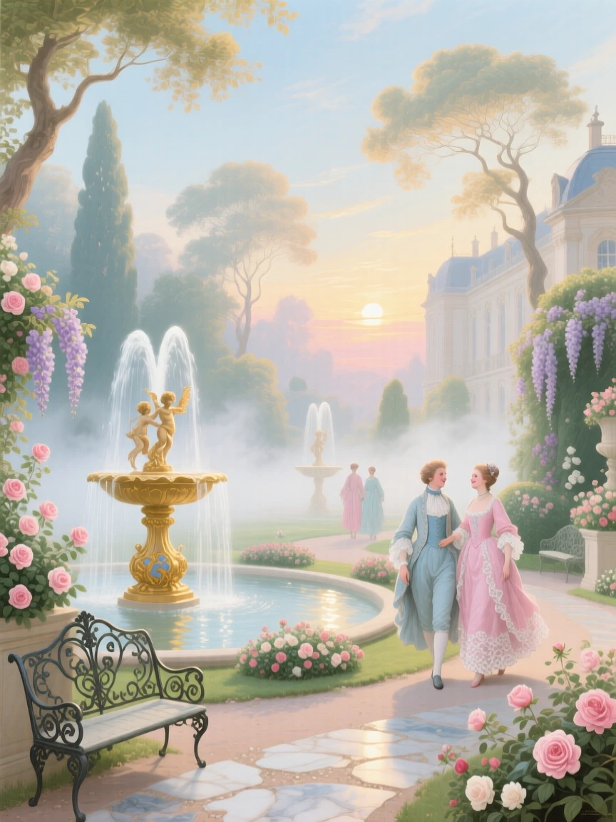 A palace garden at dawn with mist curling around fountains  