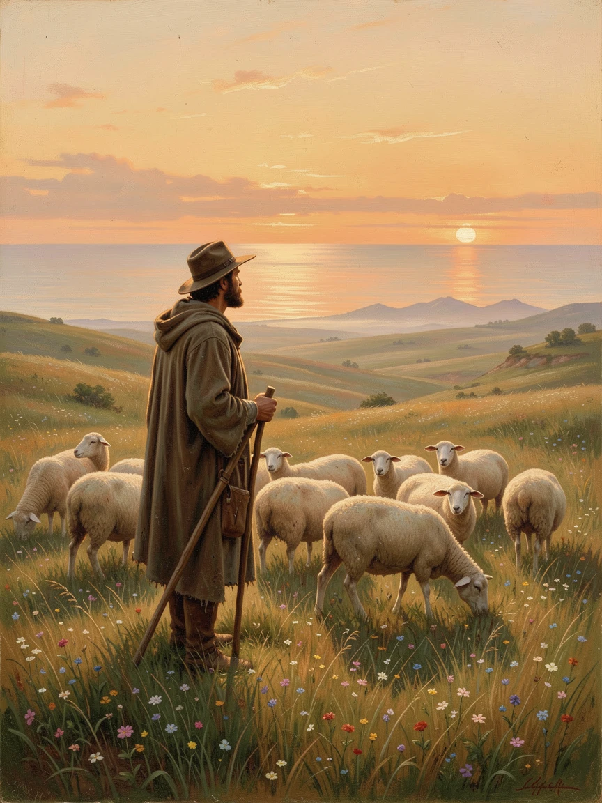 A shepherd and his flock gazes up at a horizon glowing orange over the sea across an endless prairie.