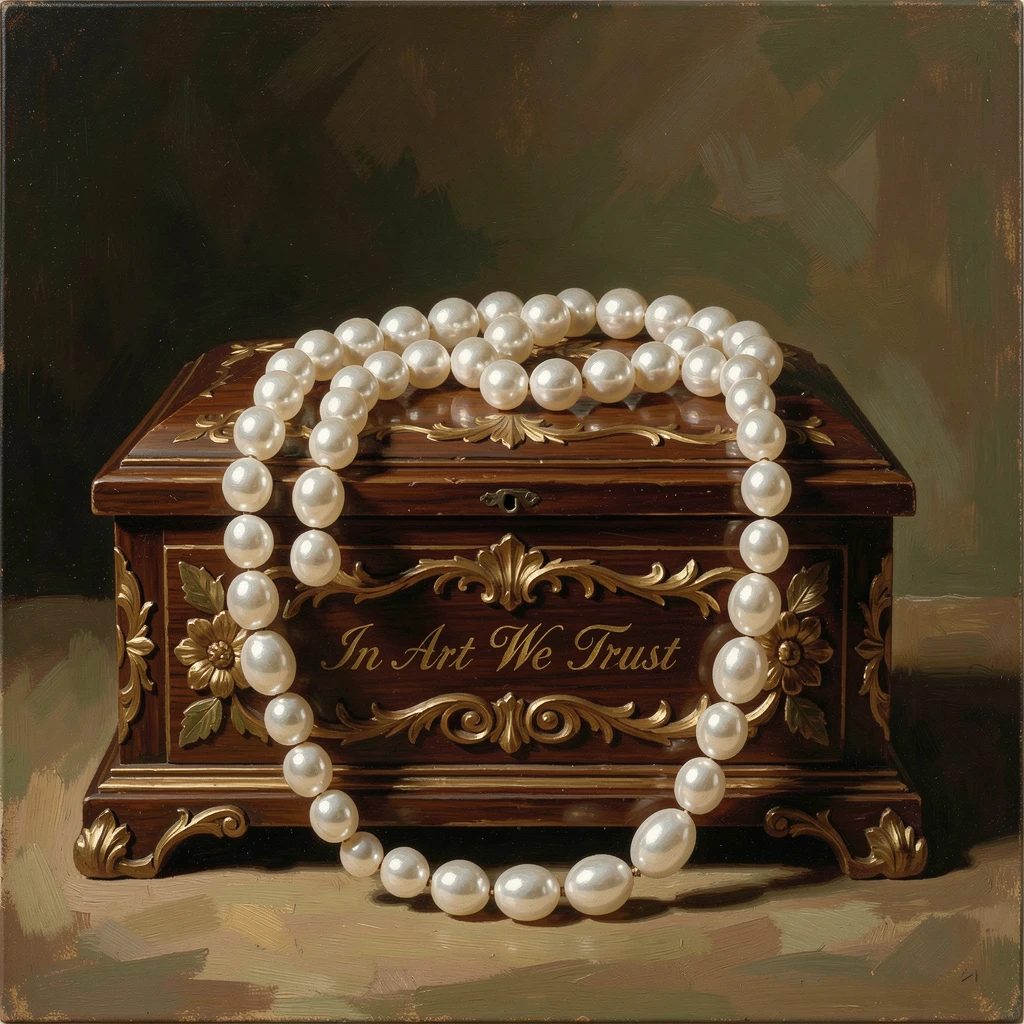 A string of pearls draped elegantly over an ornate jewelry box, with soft, warm light highlighting every fine texture and detail, celebrating the beauty found in fine craftsmanship and detail
