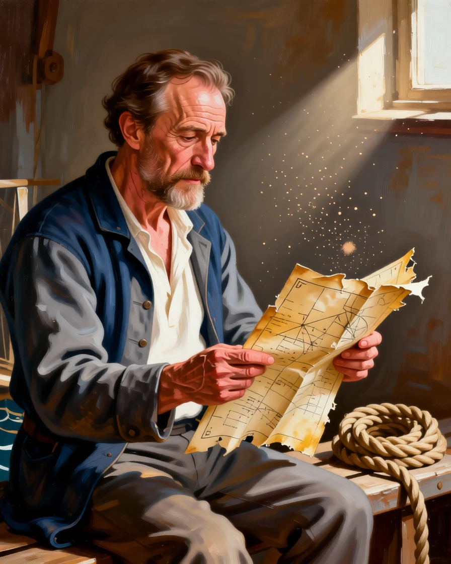 A weathered sea captain studying a worn nautical chart caught between one breath and the next, set on a weathered dockside bench beside coiled rope, with dust motes drifting visibly in a beam of window light; a tight three-quarter portrait draws focus entirely to the expression, evoking tenderness, memory, and unspoken emotion.
