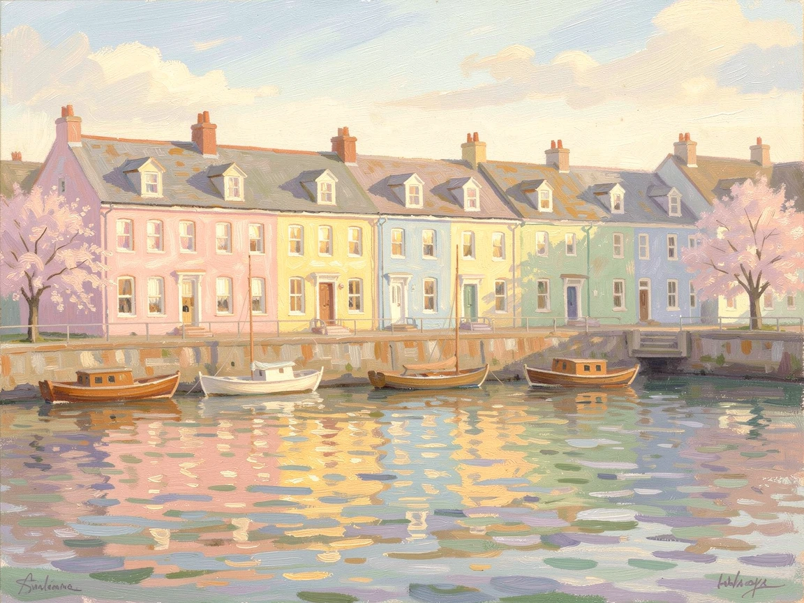 A colorful row of townhouses in a historic seaside town, boats bobbing gently in the harbor beyond, in early spring, radiating joy and gentle celebration.