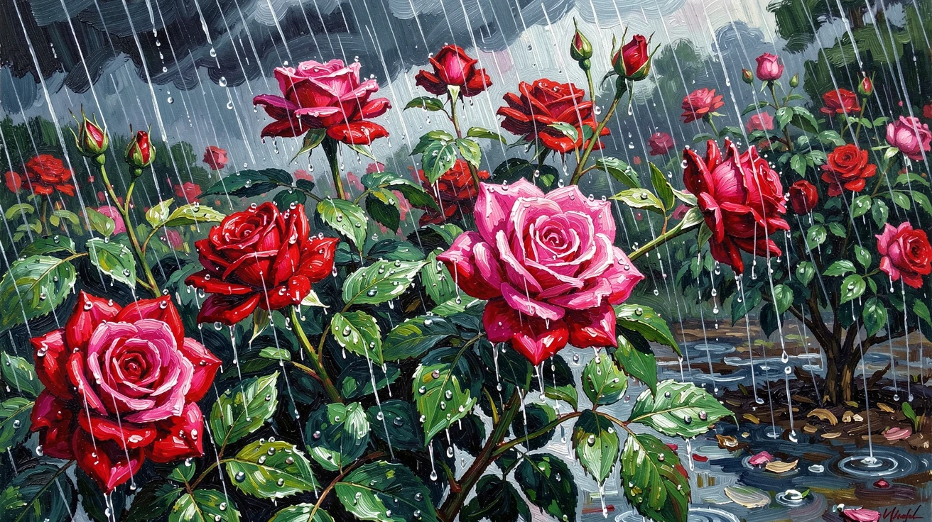 A rain-soaked garden with droplets clinging to rose petals after a summer storm.