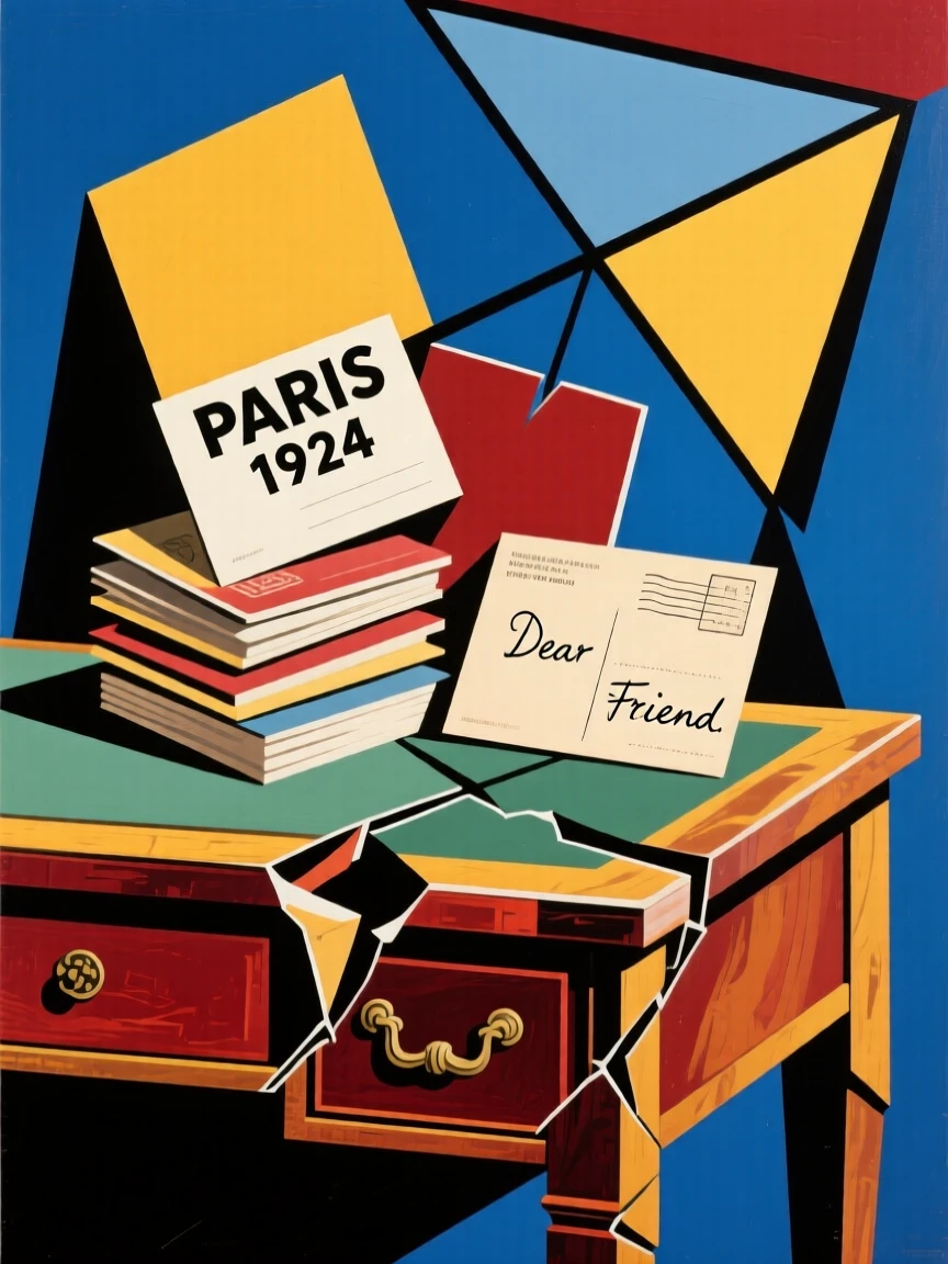 An elegant still life featuring a stack of vintage postcards atop an antique writing desk.