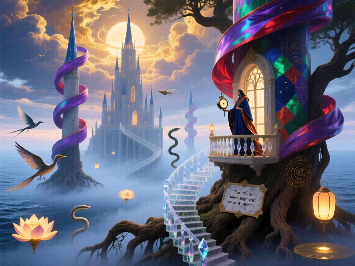 A palace whose towers twist like ribbons rises from a sea of drifting fog, as roots and stairways tangle together at its base.