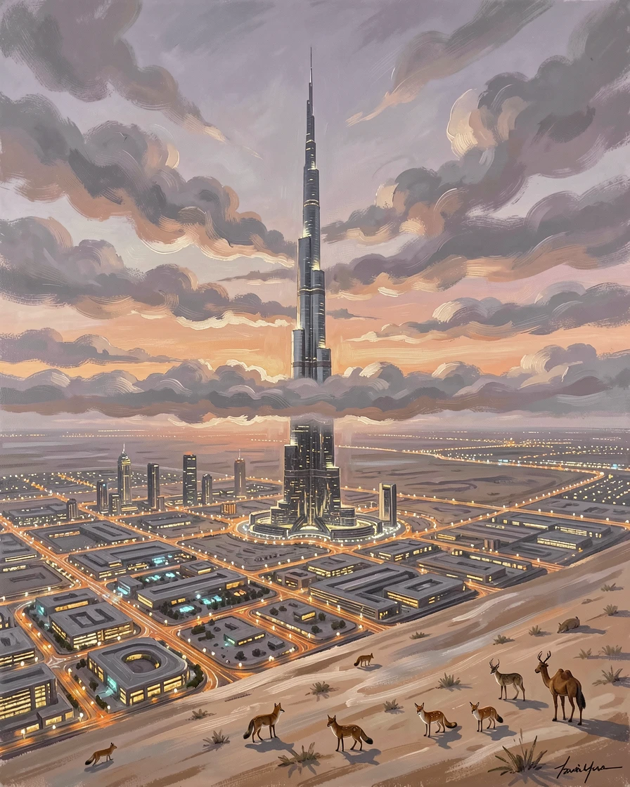 A dramatic aerial view of Dubai shows the Burj Khalifa piercing through low clouds, city lights sprawling toward the desert horizon at dusk, with scattered wildlife visible moving quietly through the middle distance of the composition.