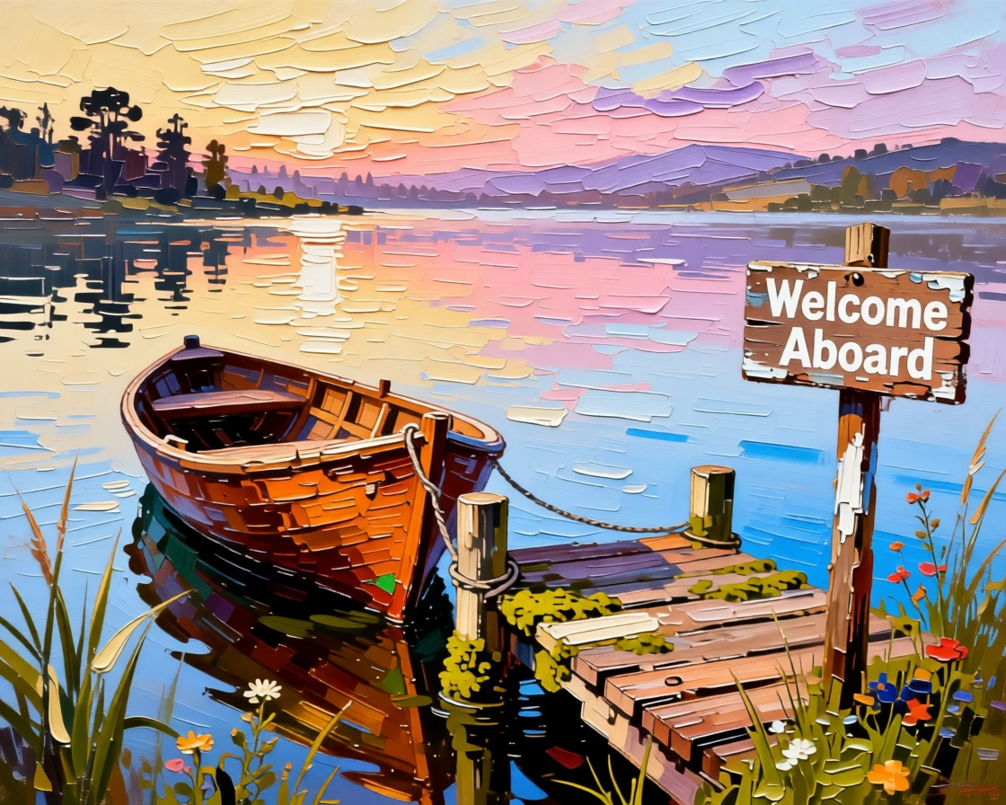 A small wooden rowboat tied to a dock on a glassy river at sunrise