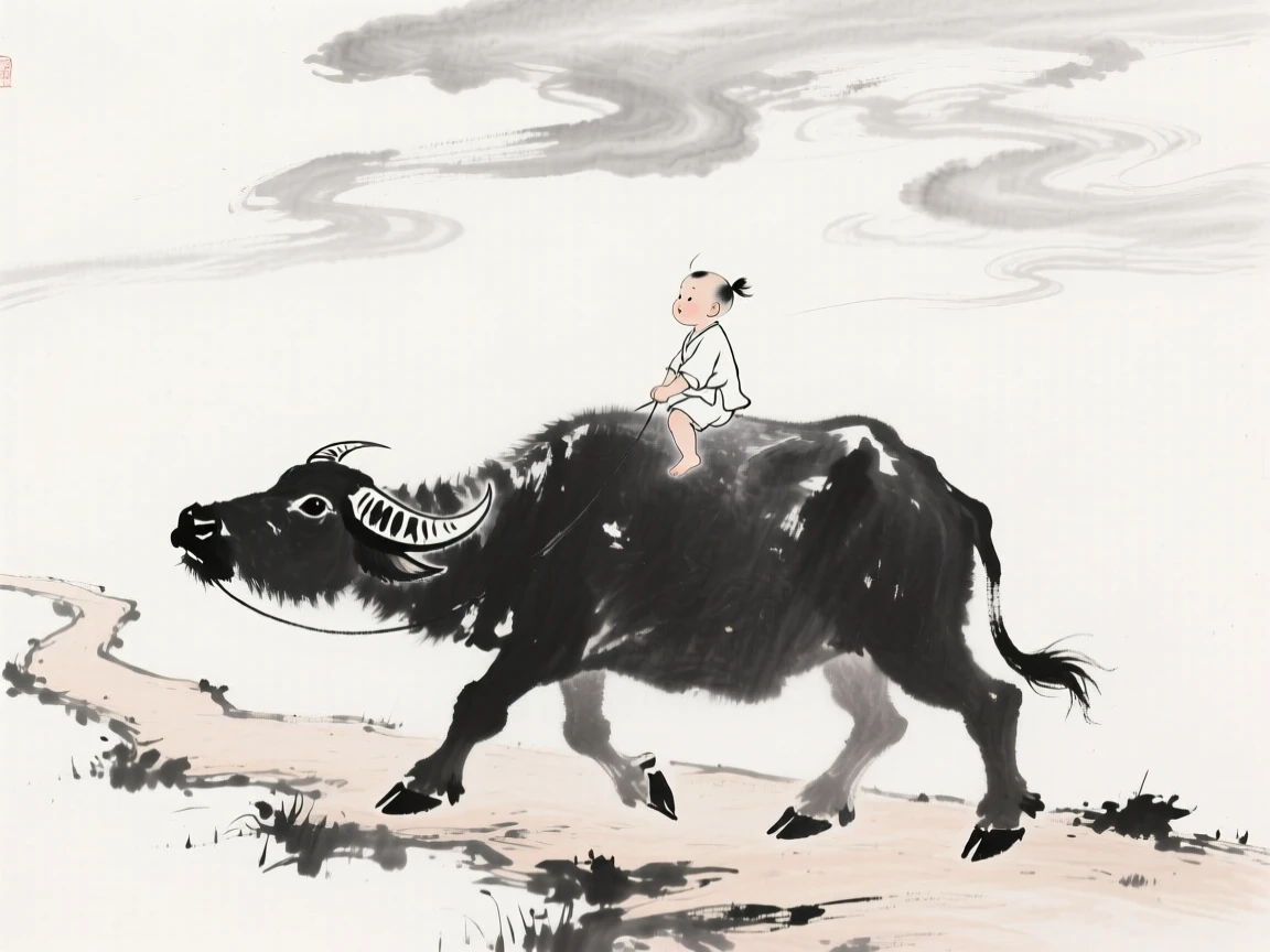 A young child rides on the back of a water buffalo along a country path, beneath a sky filled with drifting clouds.