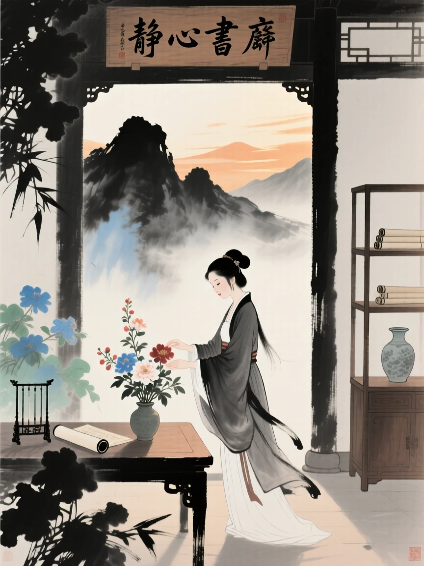 A woman arranging flowers in a quiet study, as the sun sets behind distant peaks, in a warm breeze carrying the scent of blossoms.