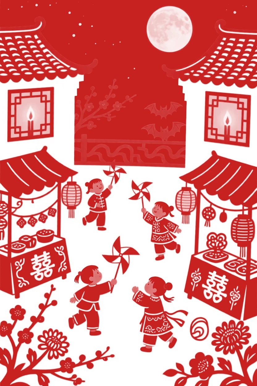 A scene of a rooftop moon-viewing gathering, where children weave between stalls chasing paper windmills, with the glow of candlelight reflected in every window.