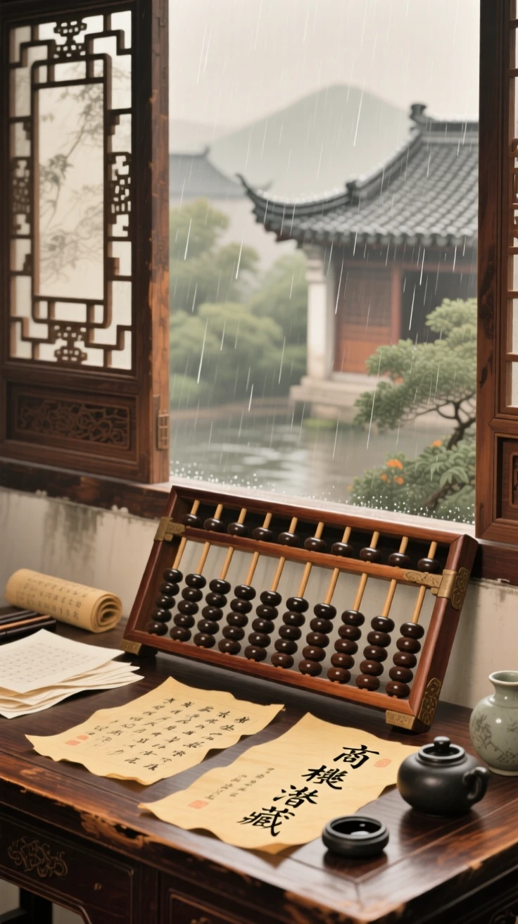 A wooden abacus resting on an old merchant's desk beside an open window with rain falling outside
