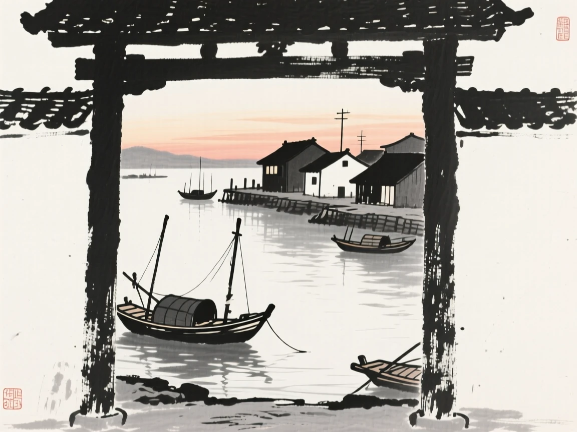 A small fishing village harbor overlooking a calm harbor at dusk, framed through an archway or gate for depth, suggesting timeless craftsmanship and peaceful tradition.