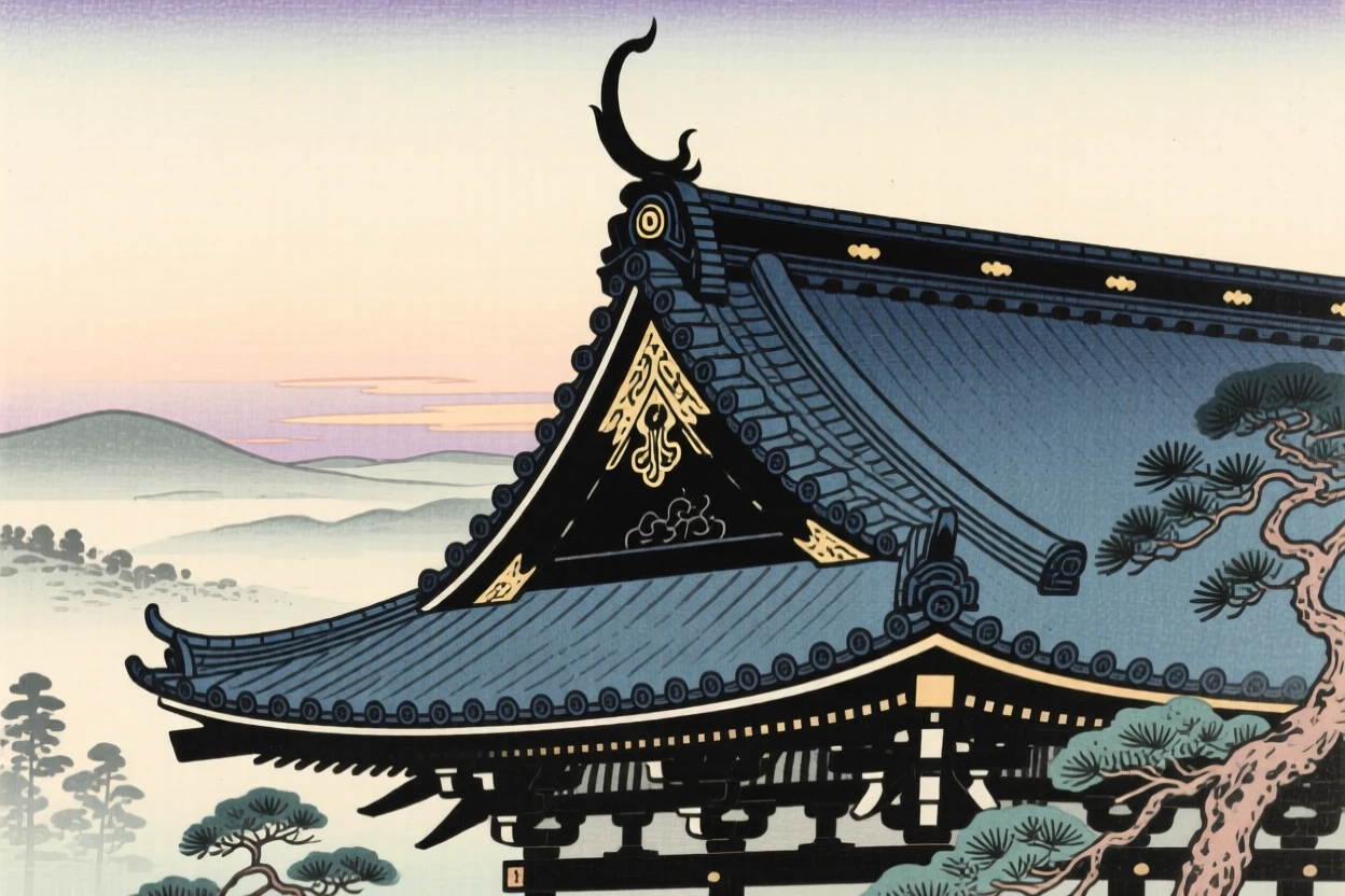 An ornate temple rooftop silhouetted against a pale evening sky.