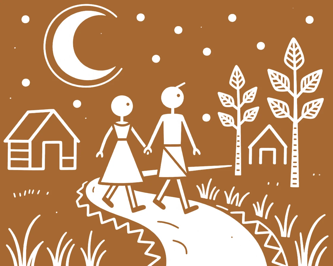 Two newlyweds walking together along a moonlit path.