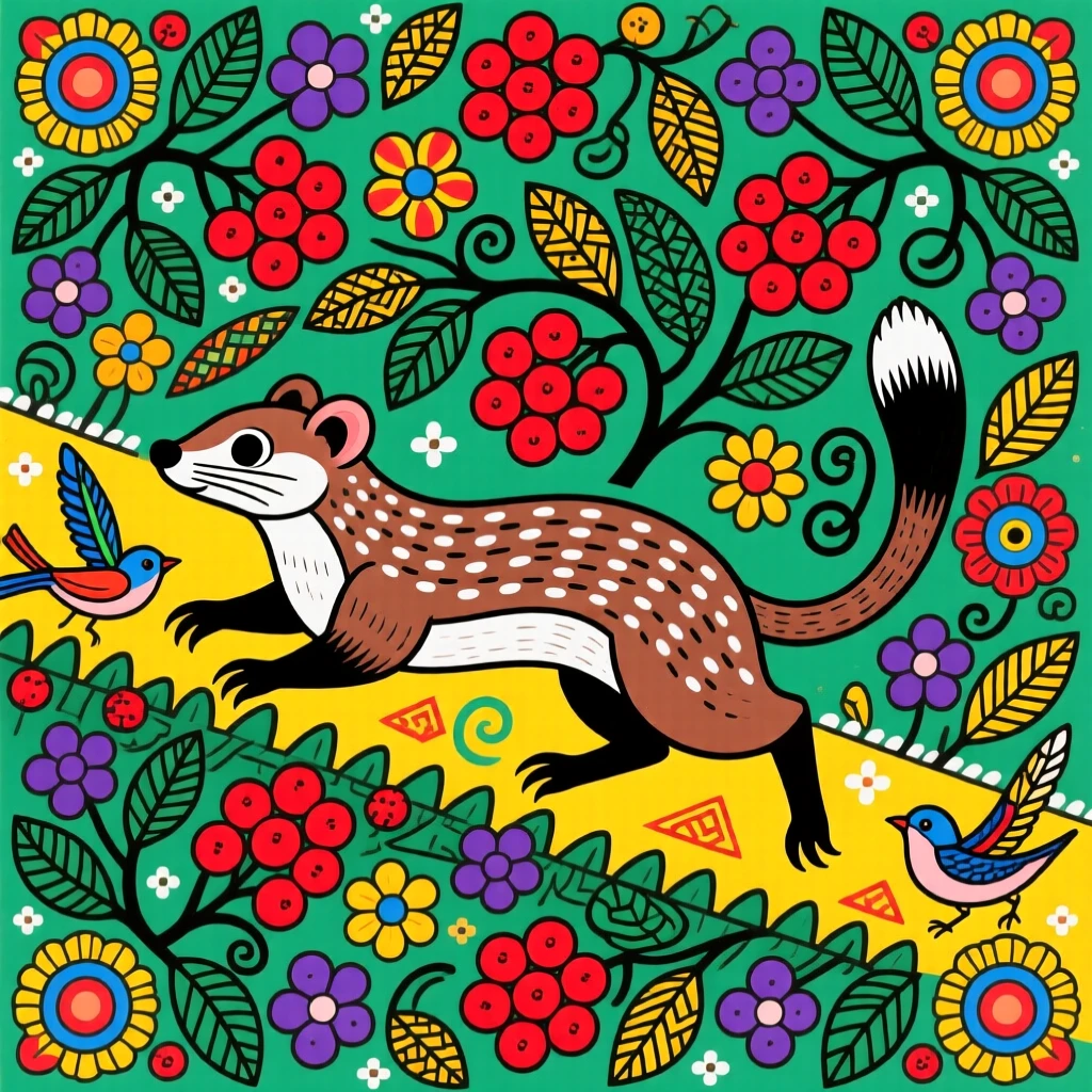 A stoat darting through a hedgerow lined with wild berries.