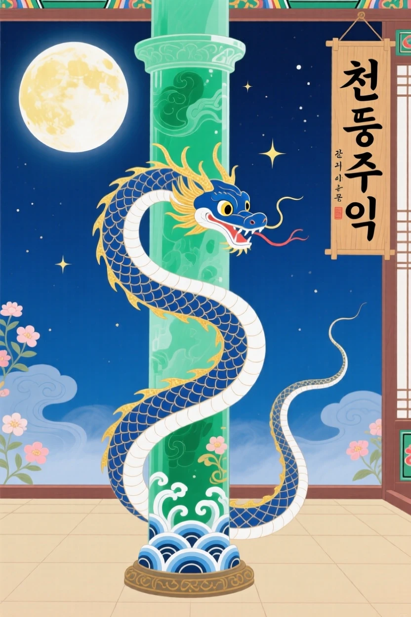 A celestial serpent coiled around a jade pillar in a moonlit hall.