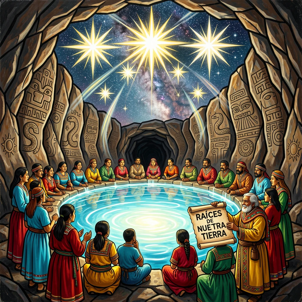 A glowing cave pool reflecting a sky full of stars
