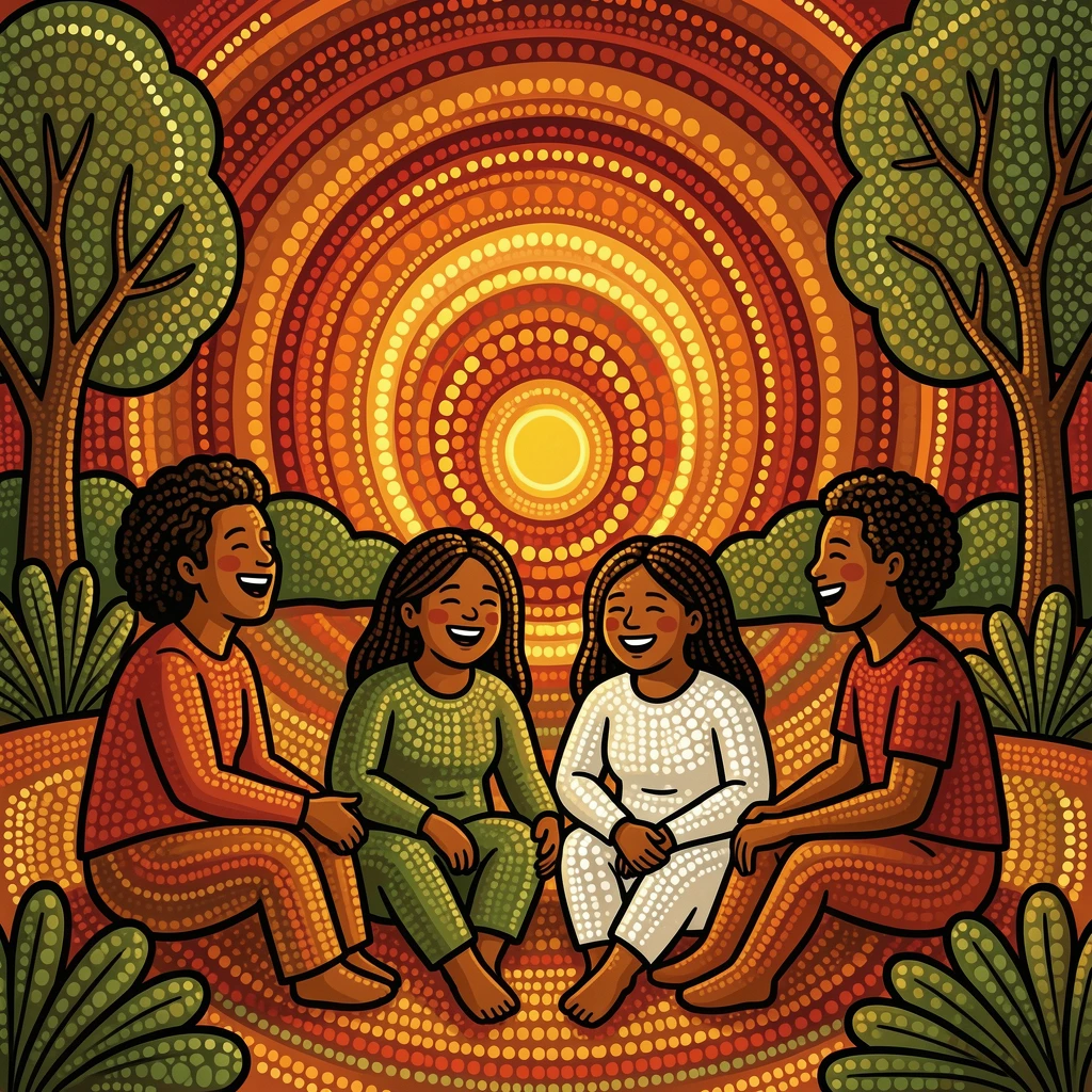 Friends sharing laughter at an outdoor gathering at sunset