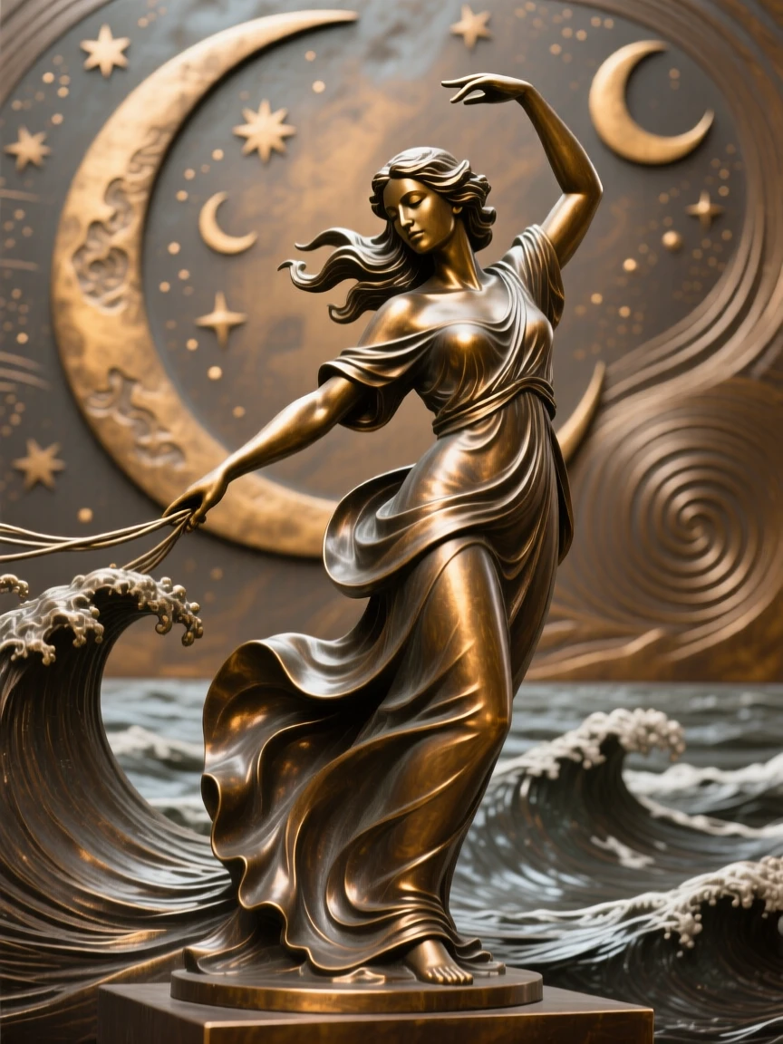 A moon goddess drawing the tides with a graceful gesture, set against a vast celestial backdrop, radiating awe and grandeur