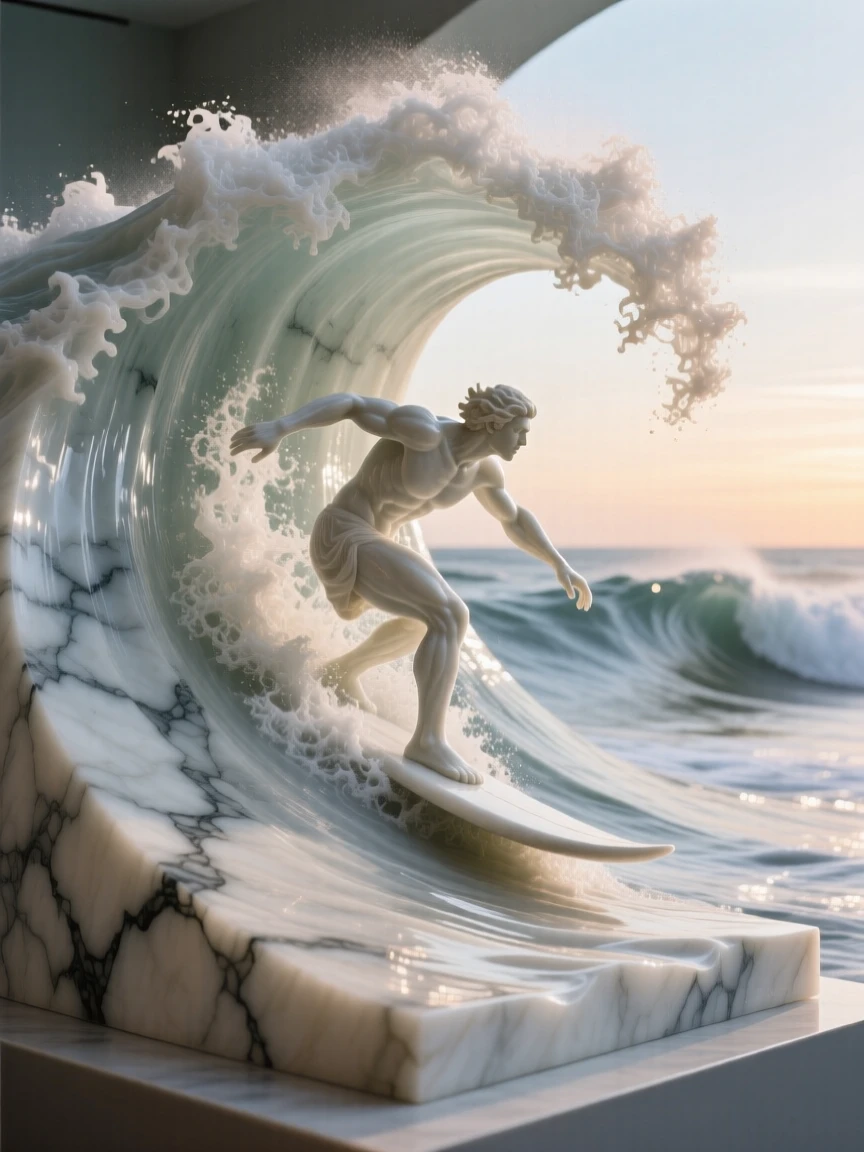 A vivid, emotionally rich scene of a surfer riding a towering wave at dawn, surrounded by soft, glowing light, designed to captivate and inspire