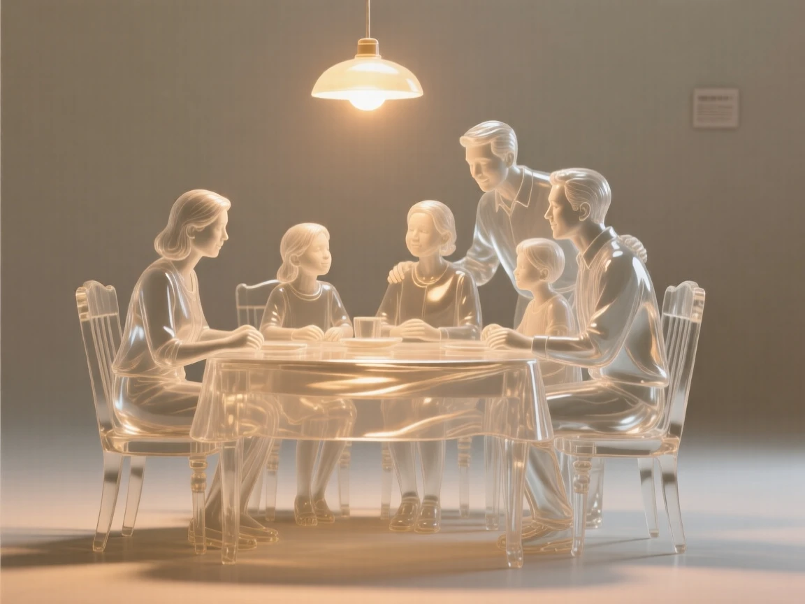 A family gathered together around a warmly lit table with warm light glowing softly in the background, while a warm light settles over the whole scene