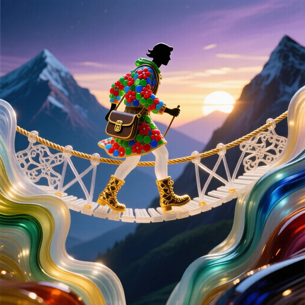 A lone traveler crossing a rope bridge between two mountain peaks at sunrise, adventurous and vast.