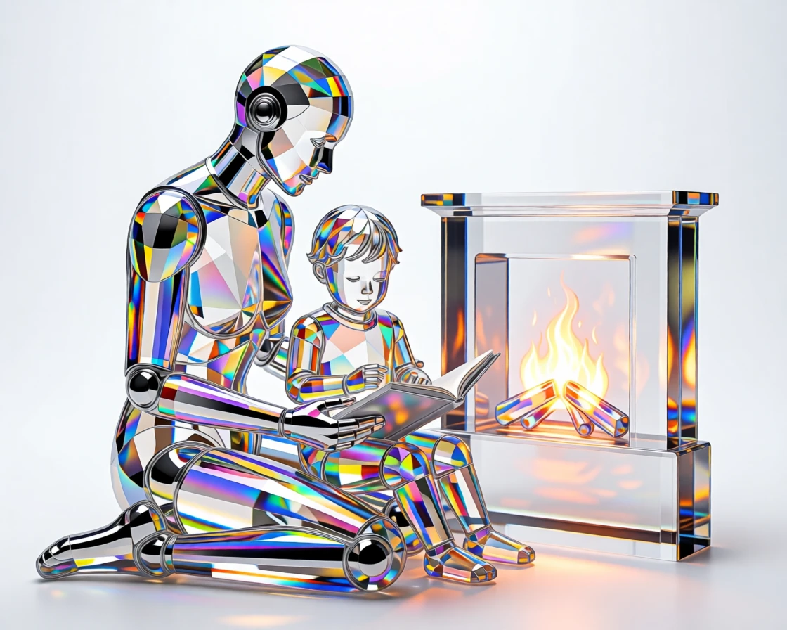 A humanoid AI companion reading a story to a child by a glowing fireplace hologram.