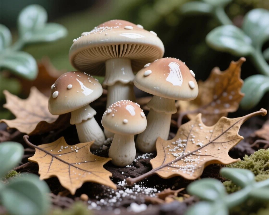 A cluster of mushrooms nestled among fallen leaves framed by soft surrounding greenery, dusted with fine pollen, capturing a fleeting, delicate moment in bloom.