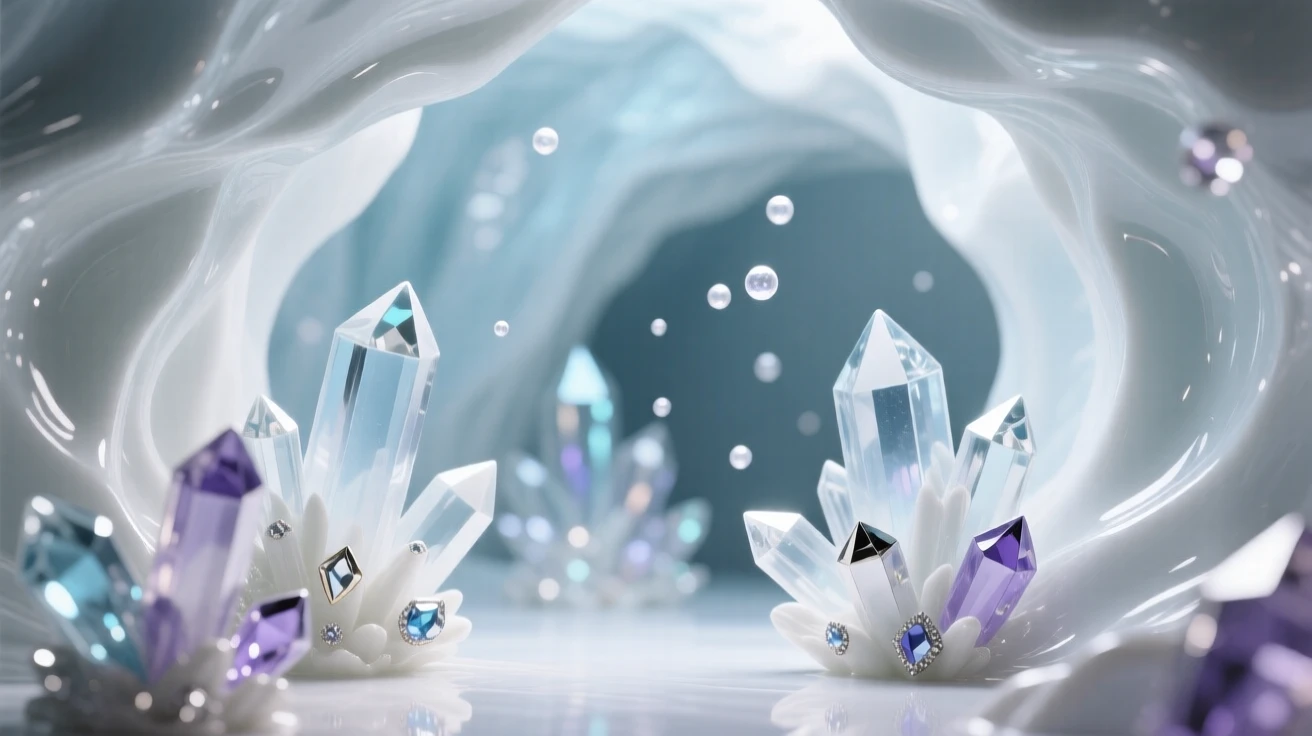 A magical crystal cave filled with luminous gems, sparkling motes of light drifting through the air.