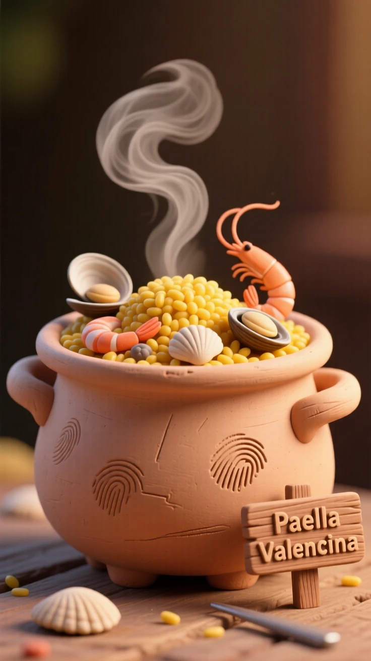 A steaming pot of paella studded with saffron rice and seafood