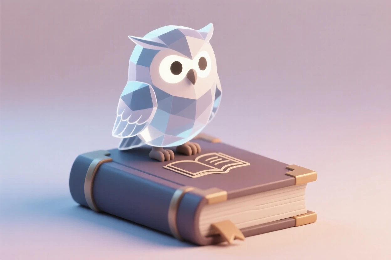 A wise crystal owl perches atop an ancient tome, eyes glowing softly as it guards a hidden library.