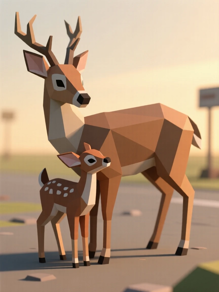 A fawn nuzzling close to its mother, beneath a soft golden sunrise. soft natural light highlights every texture. There is a sense of quiet wonder.