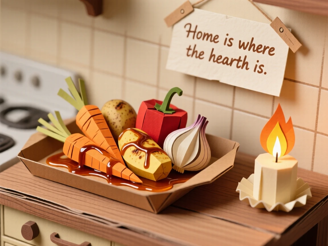 A tray of golden roasted vegetables plated in a cozy candlelit kitchen, with a drizzle of glossy sauce finishing the dish, capturing the artistry of fine cuisine.