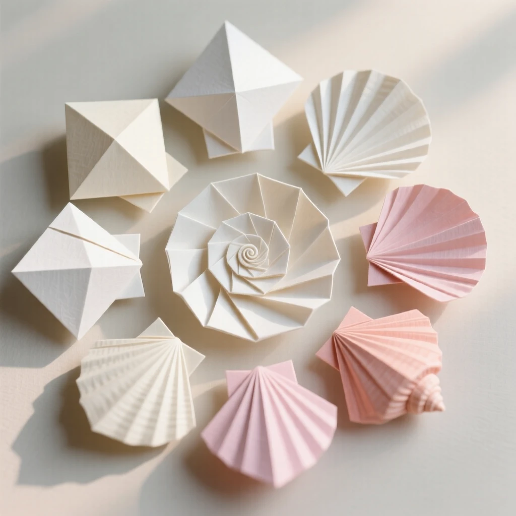 An elegant seashell arrangement in a spiraling, symmetrical composition.